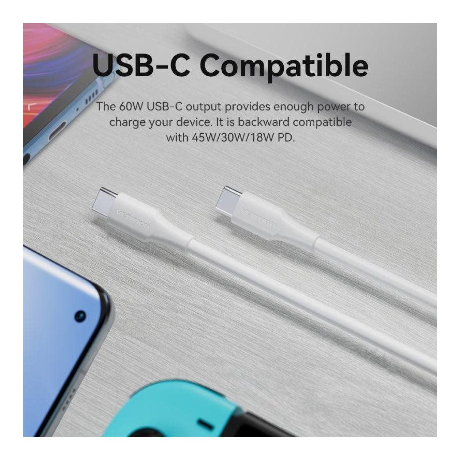 Cable USB 2.0 Tipo-C 3A Vention TRCWF/ USB Tipo-C Macho - USB Tipo-C Macho/ Hasta 60W/ 480Mbps/ 1m/ Blanco