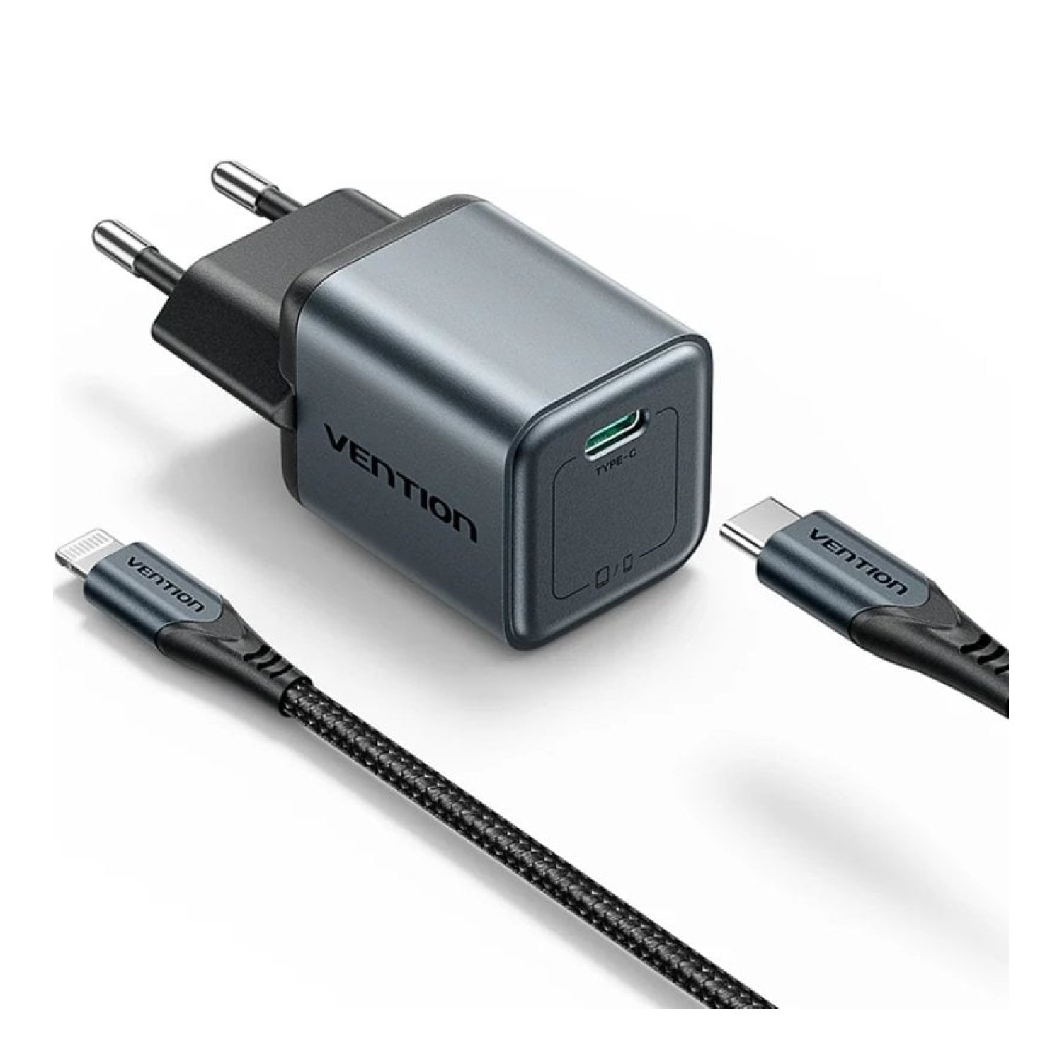 Vention · Cargador GaN 20W · USB-C + Cable Lightning · Pared