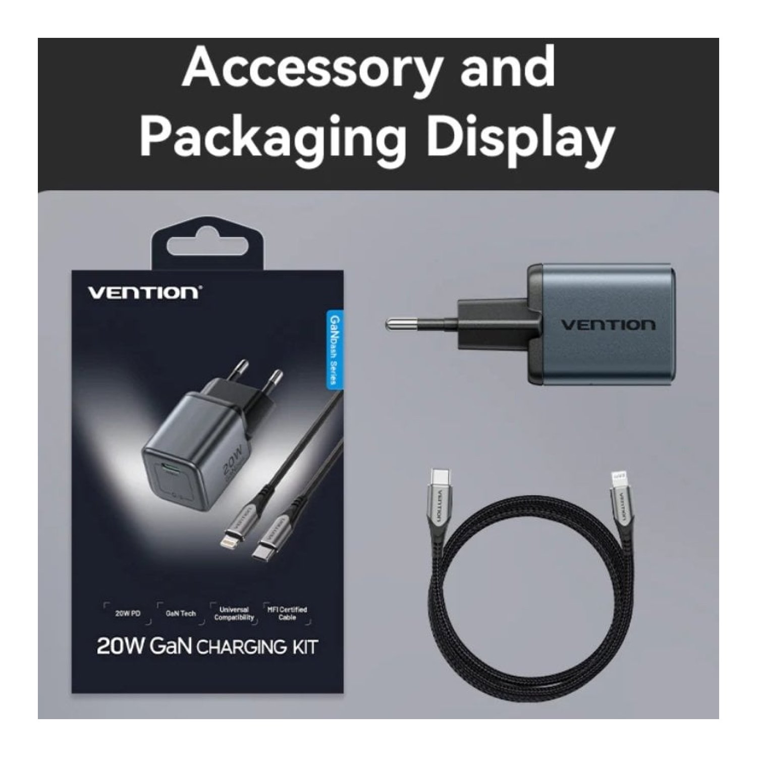 Vention · Cargador GaN 20W · USB-C + Cable Lightning · Pared