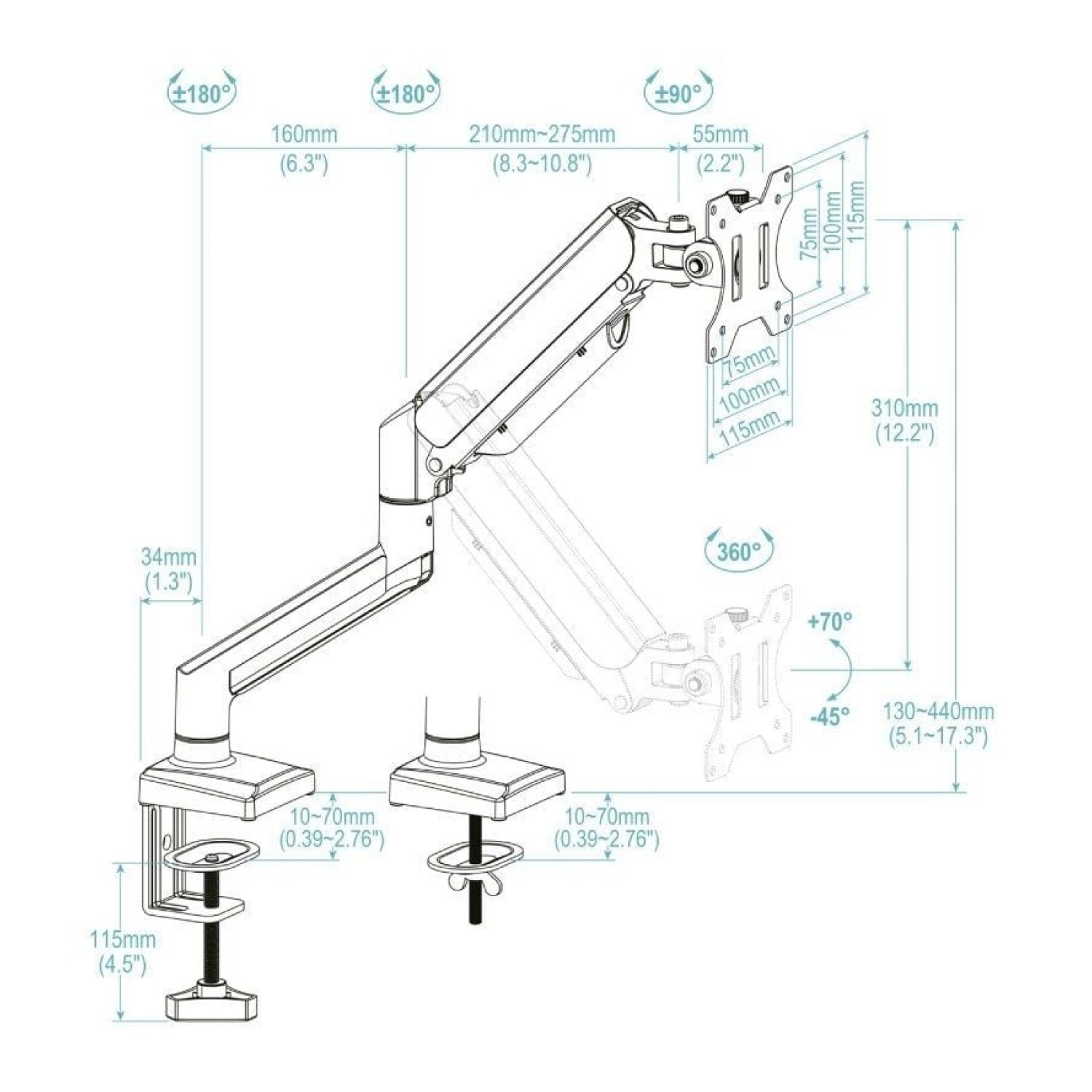 TooQ Soporte de Mesa para Monitor · hasta 10kg · Altura Ajustable