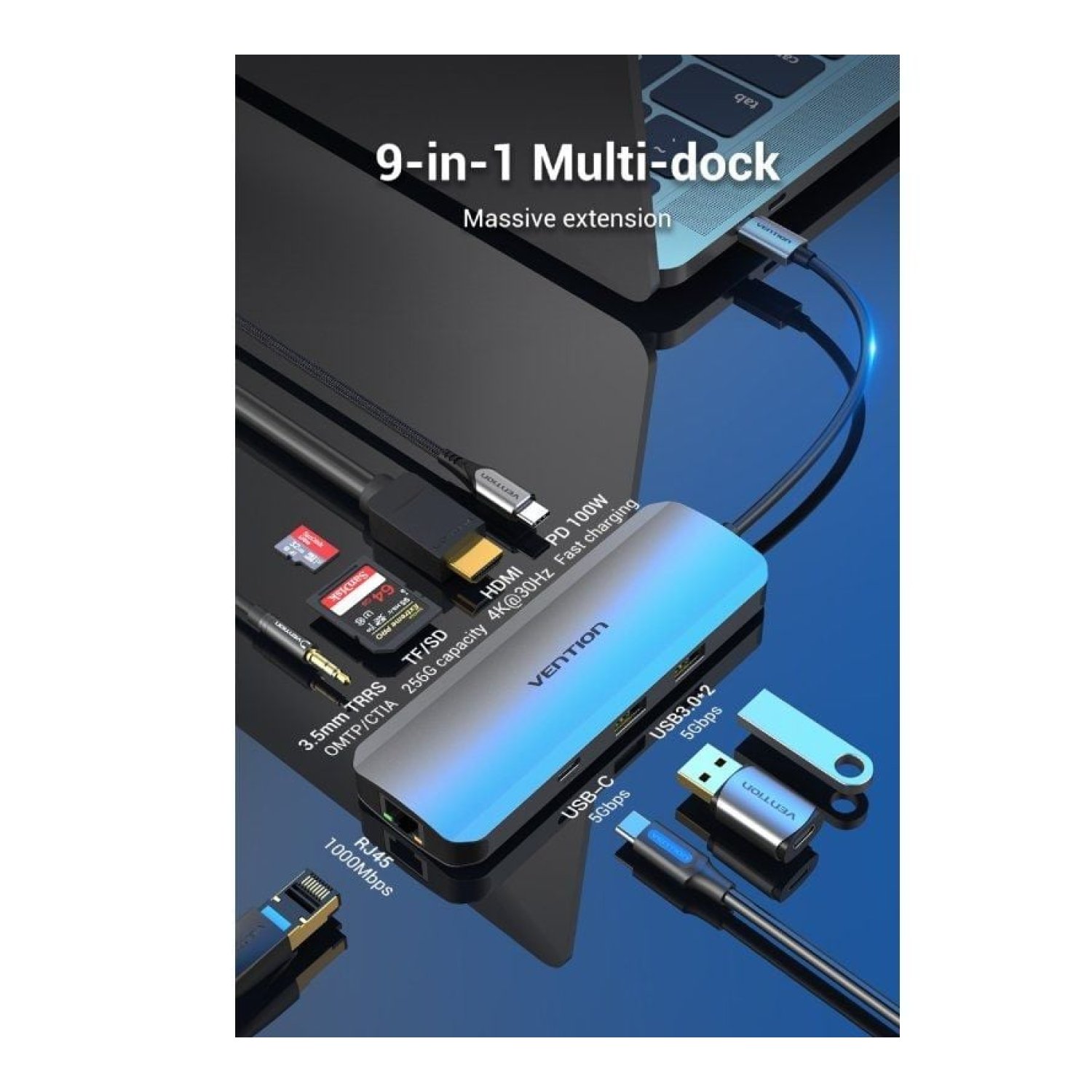 Vention Docking USB Tipo-C · HDMI 4K · 2xUSB · Lector SD/MicroSD · RJ45 · Jack 3.5 · Gris