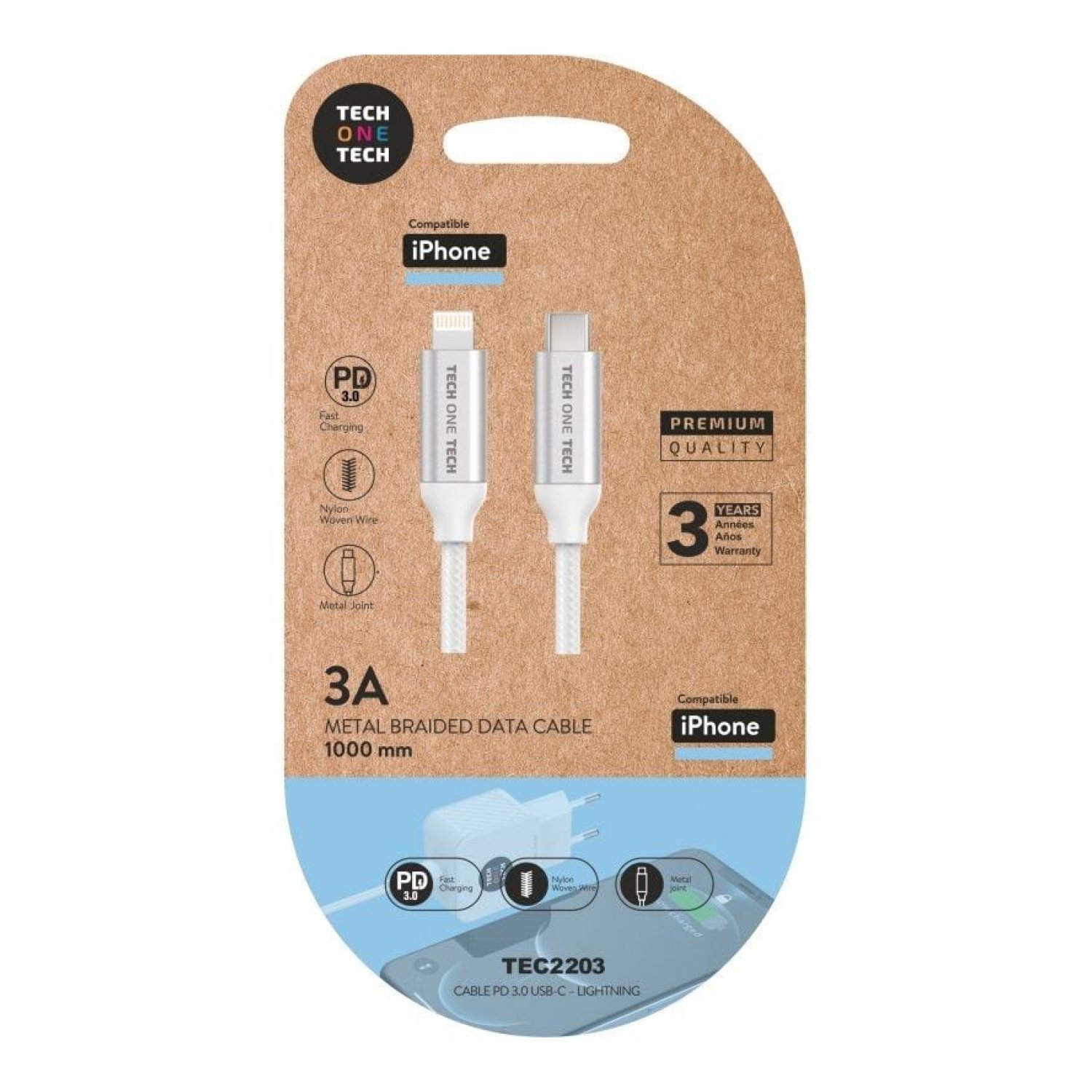 Tech One Tech · Cable USB Tipo-C a Lightning · 20W · 480Mbps · 1m · Blanco