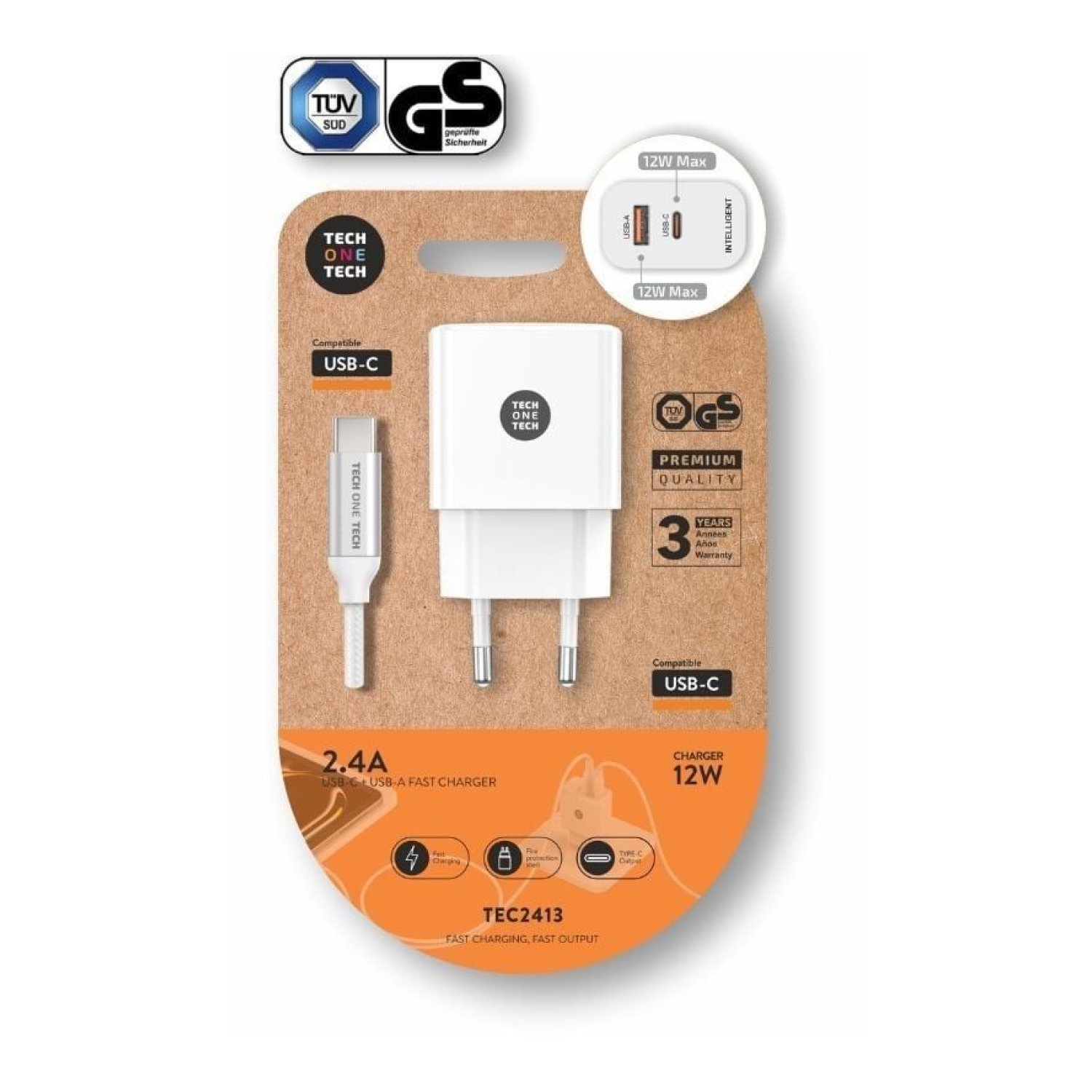 Tech One Tech · Cargador de Pared · 1xUSB Tipo-C + 1xUSB · 12W · Blanco
