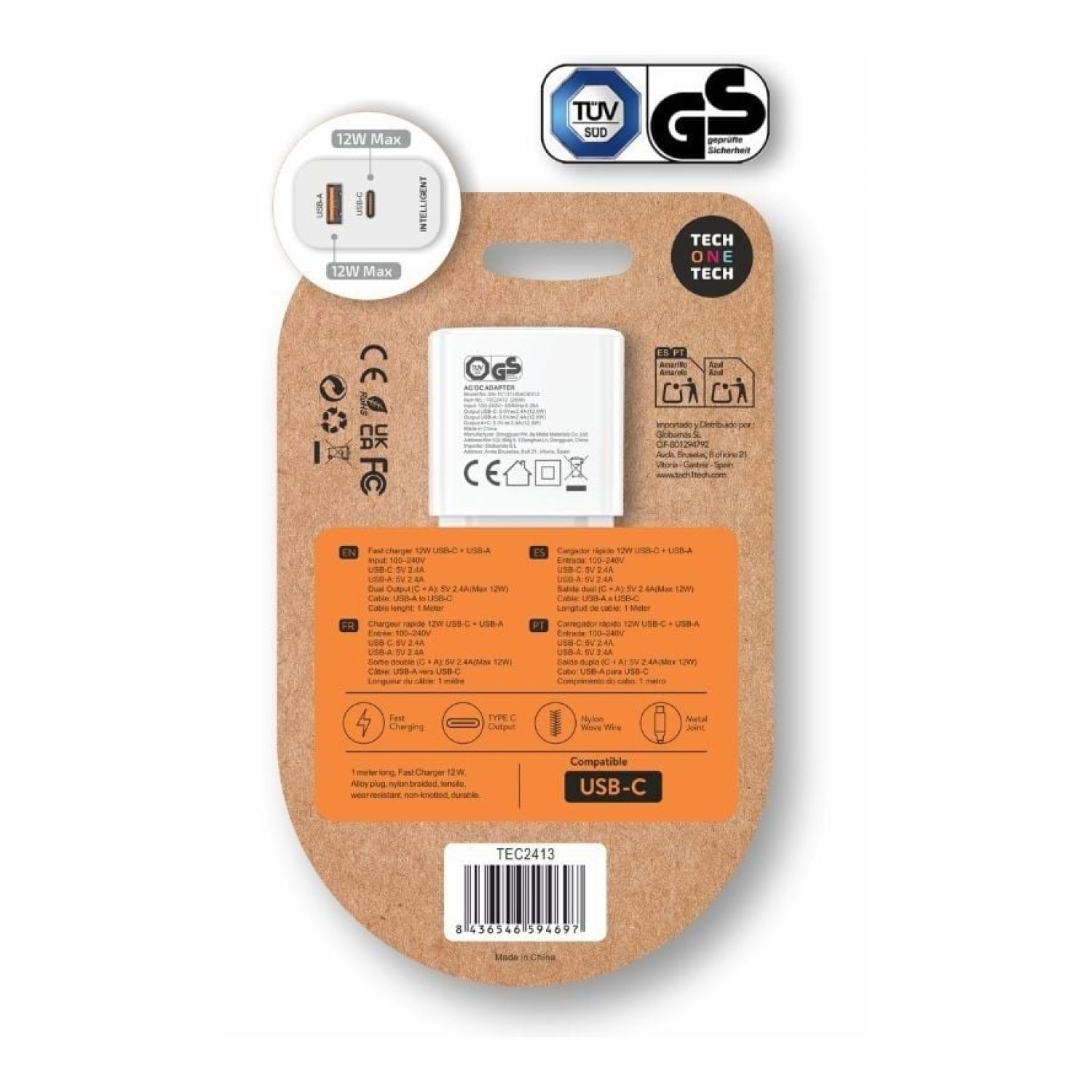 Tech One Tech · Cargador de Pared · 1xUSB Tipo-C + 1xUSB · 12W · Blanco