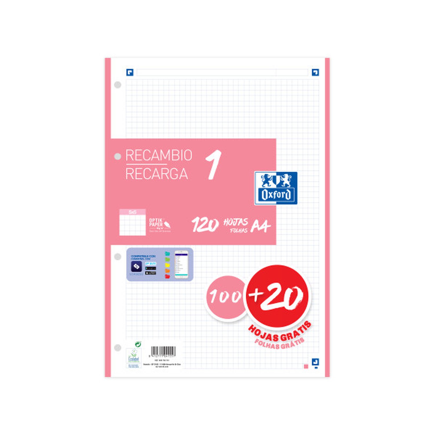 RECAMBIO COLOR 1 A4  100+20 HOJAS 5X5 ROSA CHICLE 90GRS OXFORD 400158161