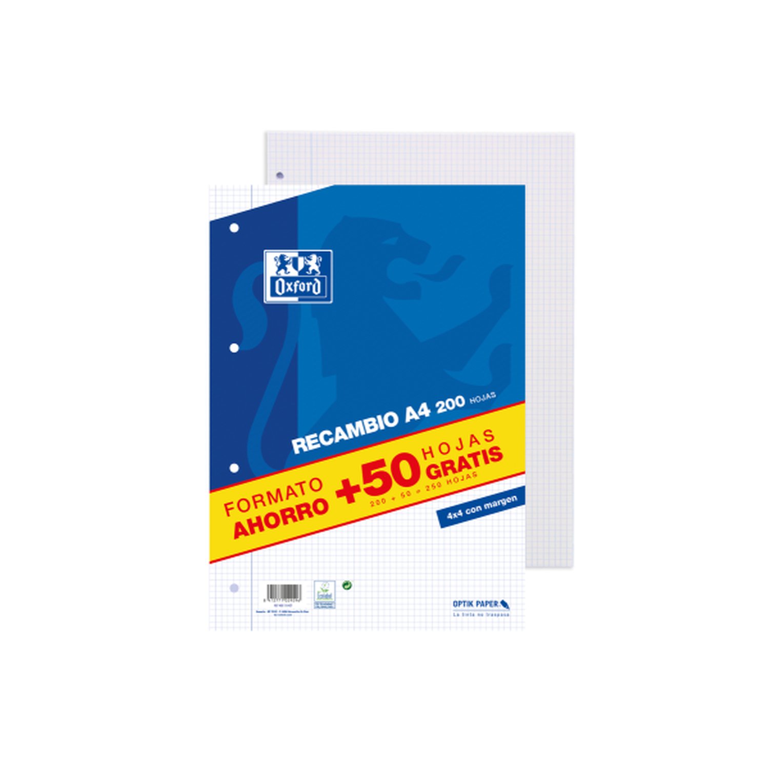 OXFORD RECAMBIO 200+50 HOJAS SUELTAS MICROPERFORADAS 4X4 CON MARGEN A4
