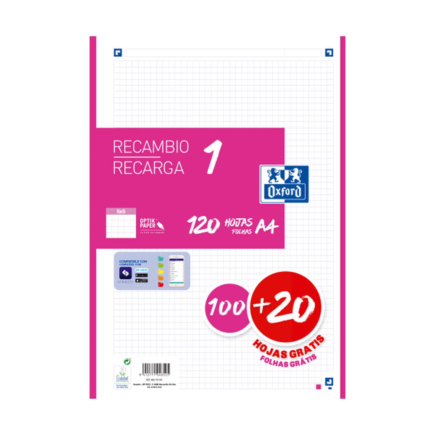 RECAMBIO COLOR 1 A4  100+20 HOJAS 5X5 FUCSIA 90GRS OXFORD 400174181