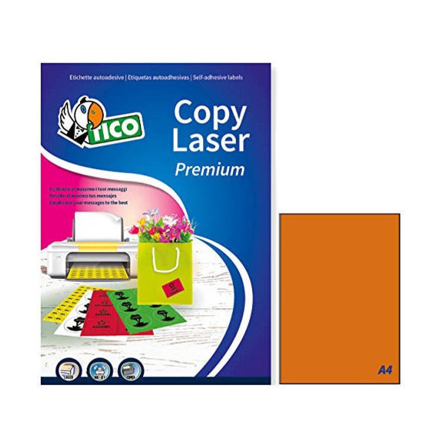 Tico · Etiquetas Naranja Fluorescente · 210x297 mm · 70 hojas · Láser/Inyección · Sin márgenes