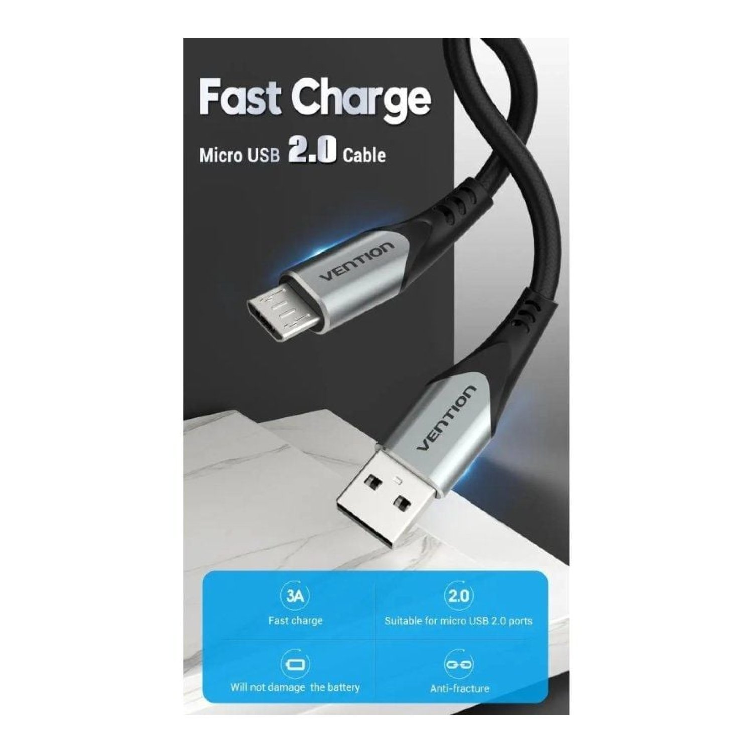 Vention Cable USB 2.0 · USB Macho a Micro USB · 480Mbps · 1,5m · Gris
