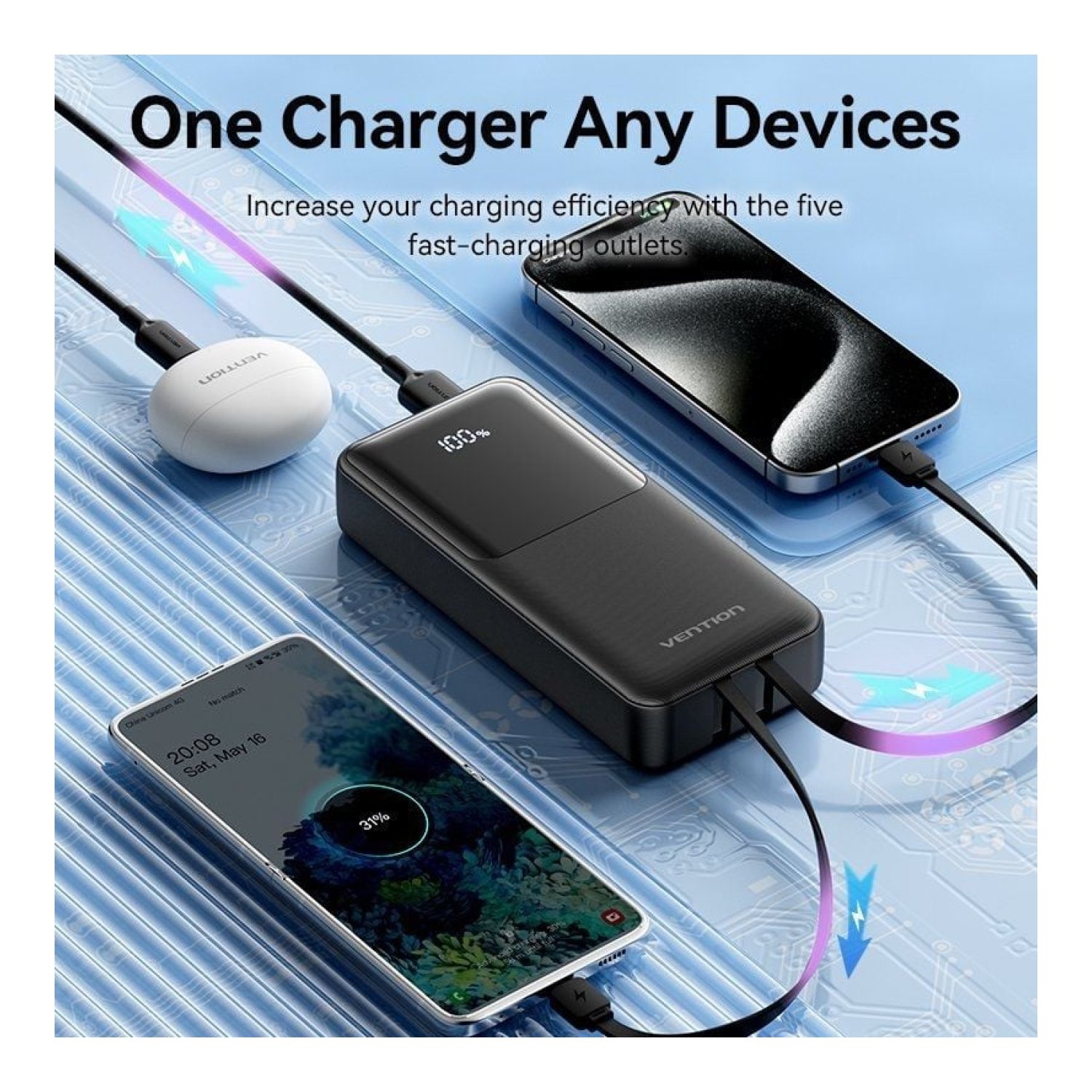 Vention Powerbank 20000mAh · 22,5W · Negro · USB-C y Lightning