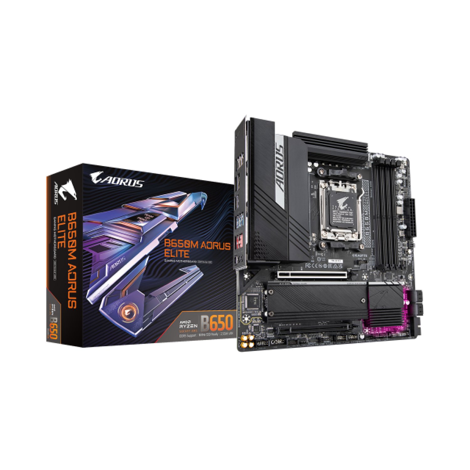 Gigabyte B650M AORUS Elite · AM5 · B650 · 4 DDR5 · 256GB · HDMI+DP · 2.5GbE · MicroATX