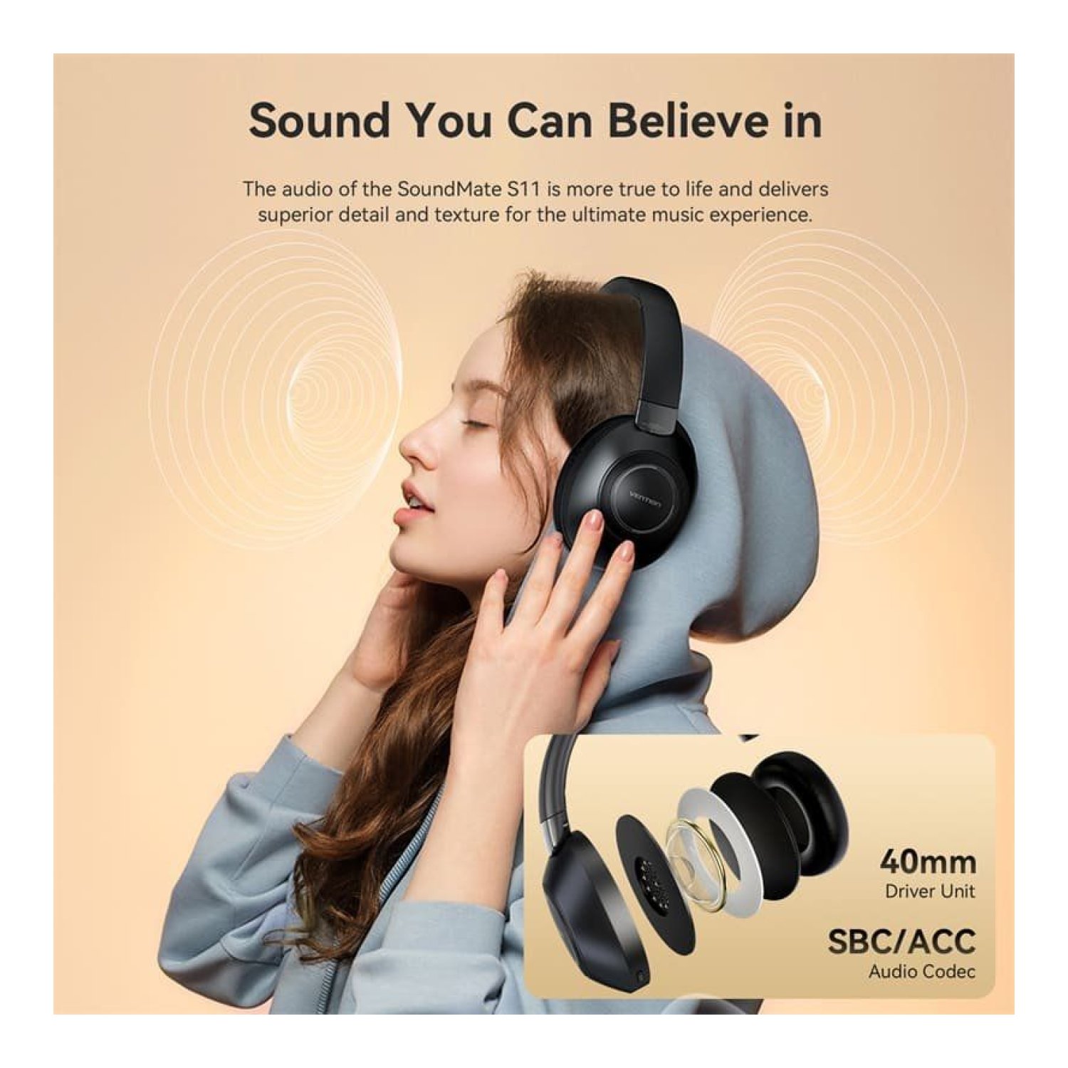 Vention SoundMate S11 · Auriculares Inalámbricos · Bluetooth · Micrófono · Negros