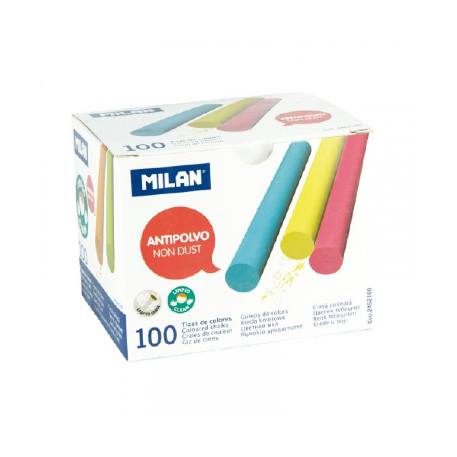 Milan · Tizas Carbonato de Calcio · 100 Unidades · Antipolvo · Colores Surtidos