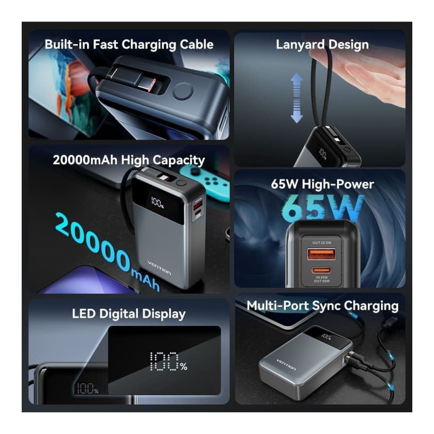 Vention Powerbank 20000mAh · 65W · USB Tipo-C · Gris