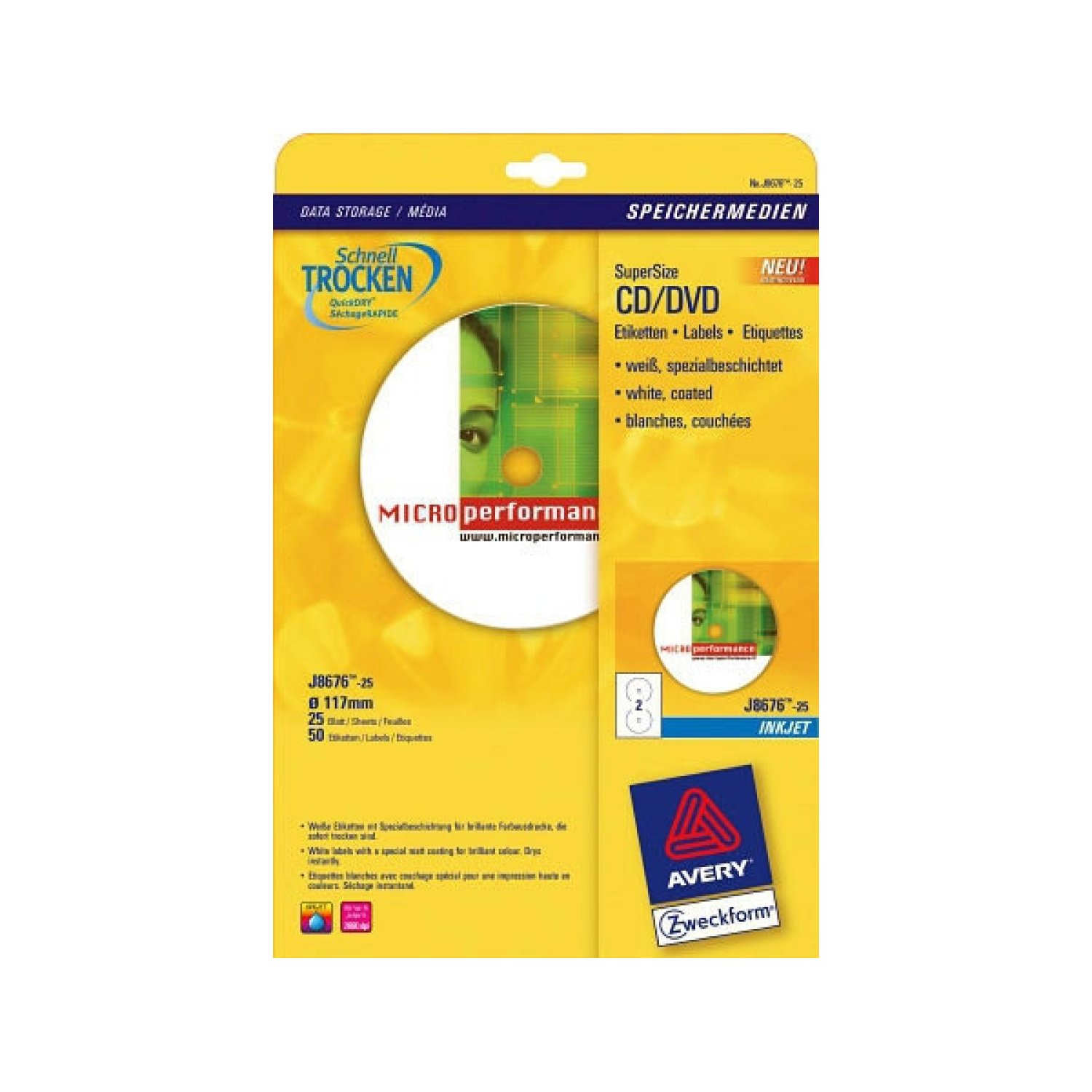 Avery J8676 · 25 Hojas Etiquetas CD · Full-Face No Touch · Papel Cuché Opaca · 117mm · Inyección Tinta