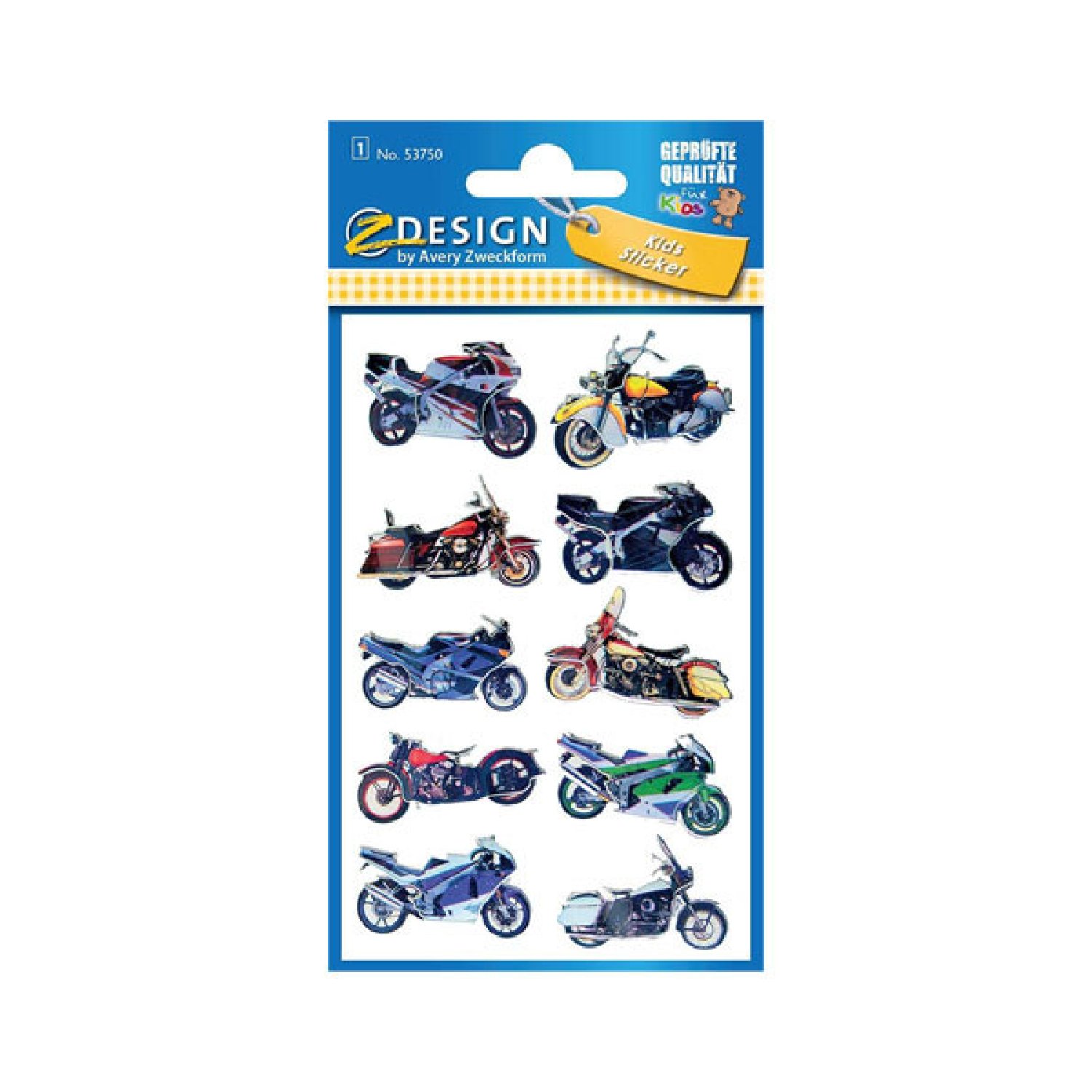 Avery · Sobre con Pegatinas 3D · 1 Hoja 76x120mm · Motocicletas · 10 Pegatinas