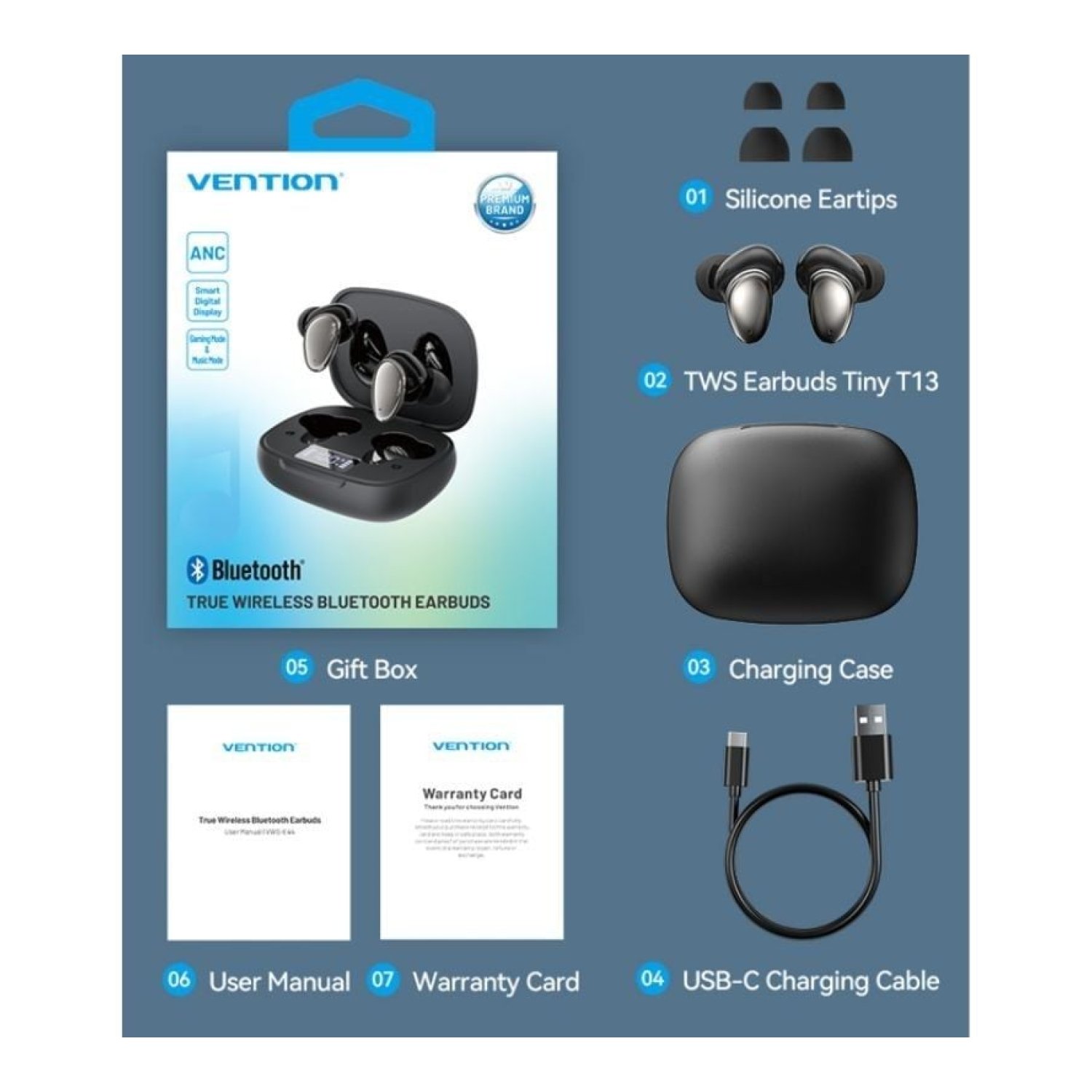 Vention Tiny T13 · Auriculares Bluetooth · 6h Autonomía · Con Estuche Carga · Negros