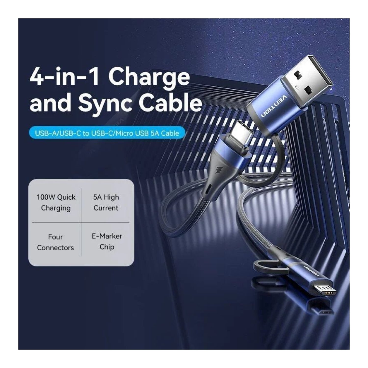 Vention Cable USB 2.0 Tipo-C · 1m · 100W · 480Mbps · Negro y Azul