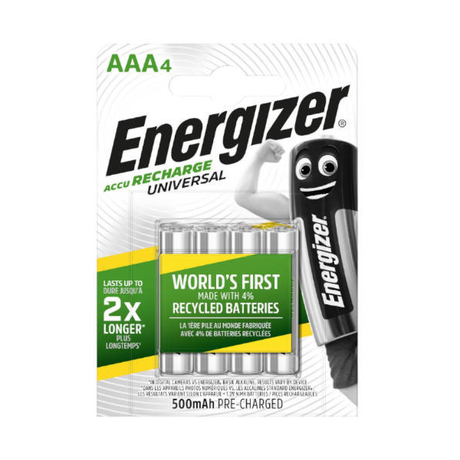 Energizer · Pilas Recargables HR03 · 500 mAh · Pack 4 Unidades