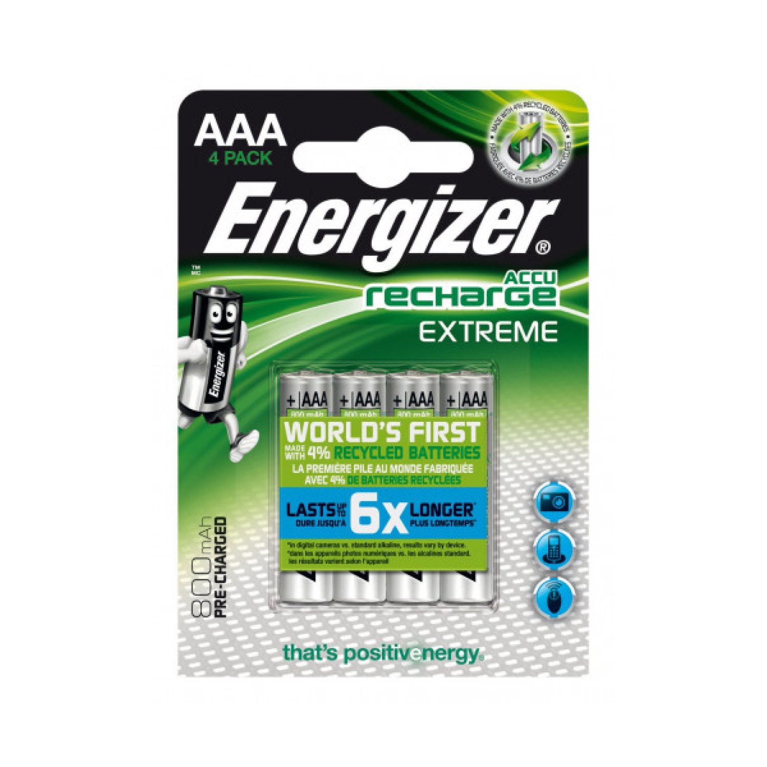 Energizer · Pilas Recargables HR03 · 800 mAh · Pack 4 Unidades · Alta Potencia