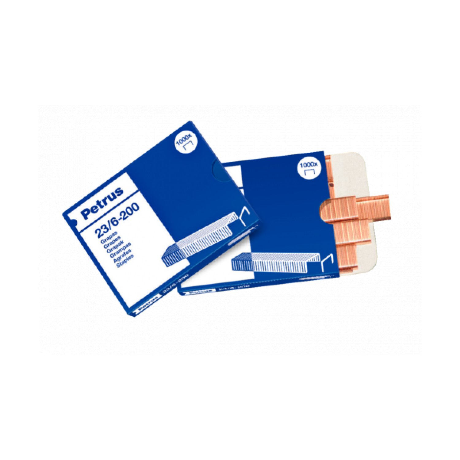 Petrus · Grapas Tipo 23/6 · Caja 1000 unidades · Cobreadas · Escolares/Oficina