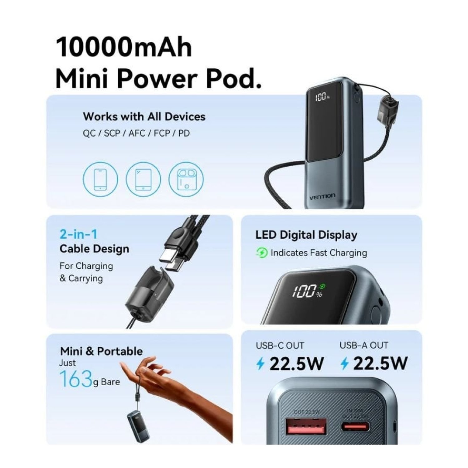Vention Powerbank · 10000mAh · 22,5W · Gris