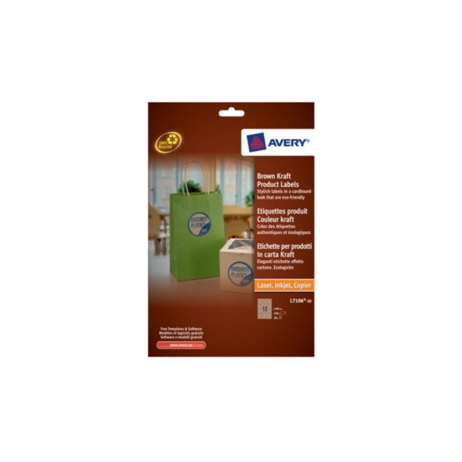 Avery L7106 · 20 Hojas Etiquetas Redondas · 60mm · Kraft · Compatible Láser e Inyección
