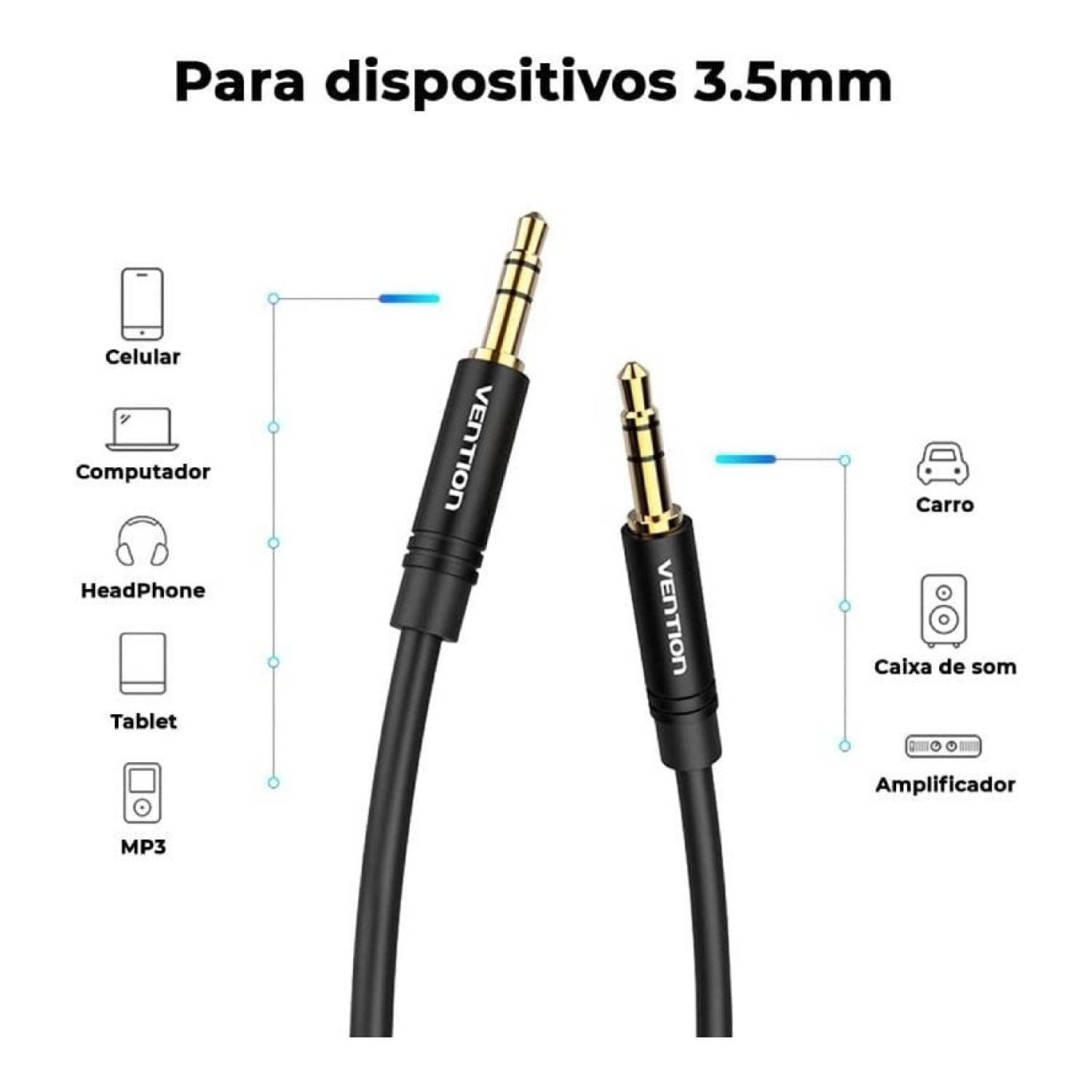 Vention Cable Estéreo · Jack 3.5mm a Jack 3.5mm · 1m · Negro