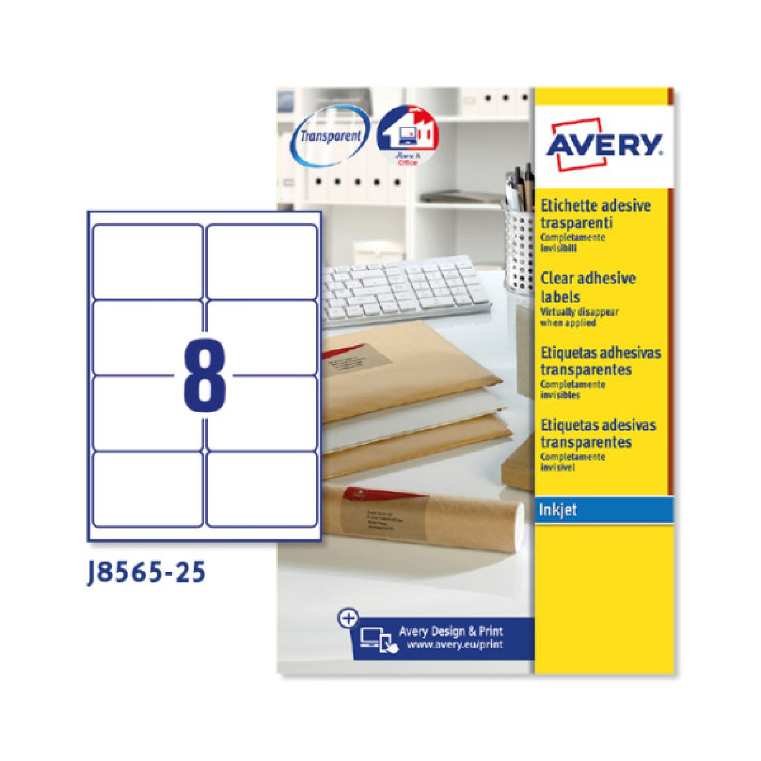 Avery J8565 · Etiquetas Transparentes QuickPeel · 25 Hojas · 99,1x67,7mm · Inyección Tinta