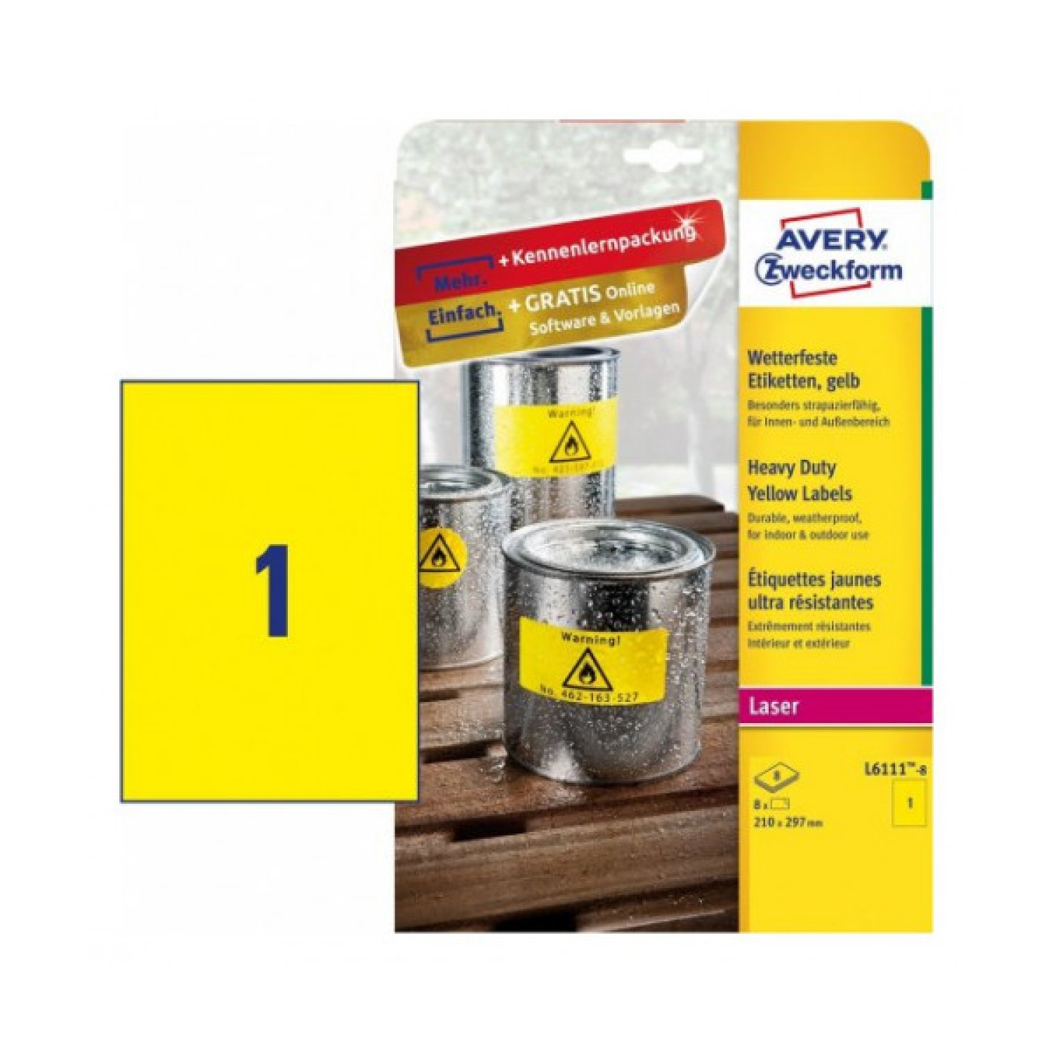 Avery L6111 · Etiquetas Amarillas Poliéster · 210x297mm · 8 Hojas · Para Impresoras Láser