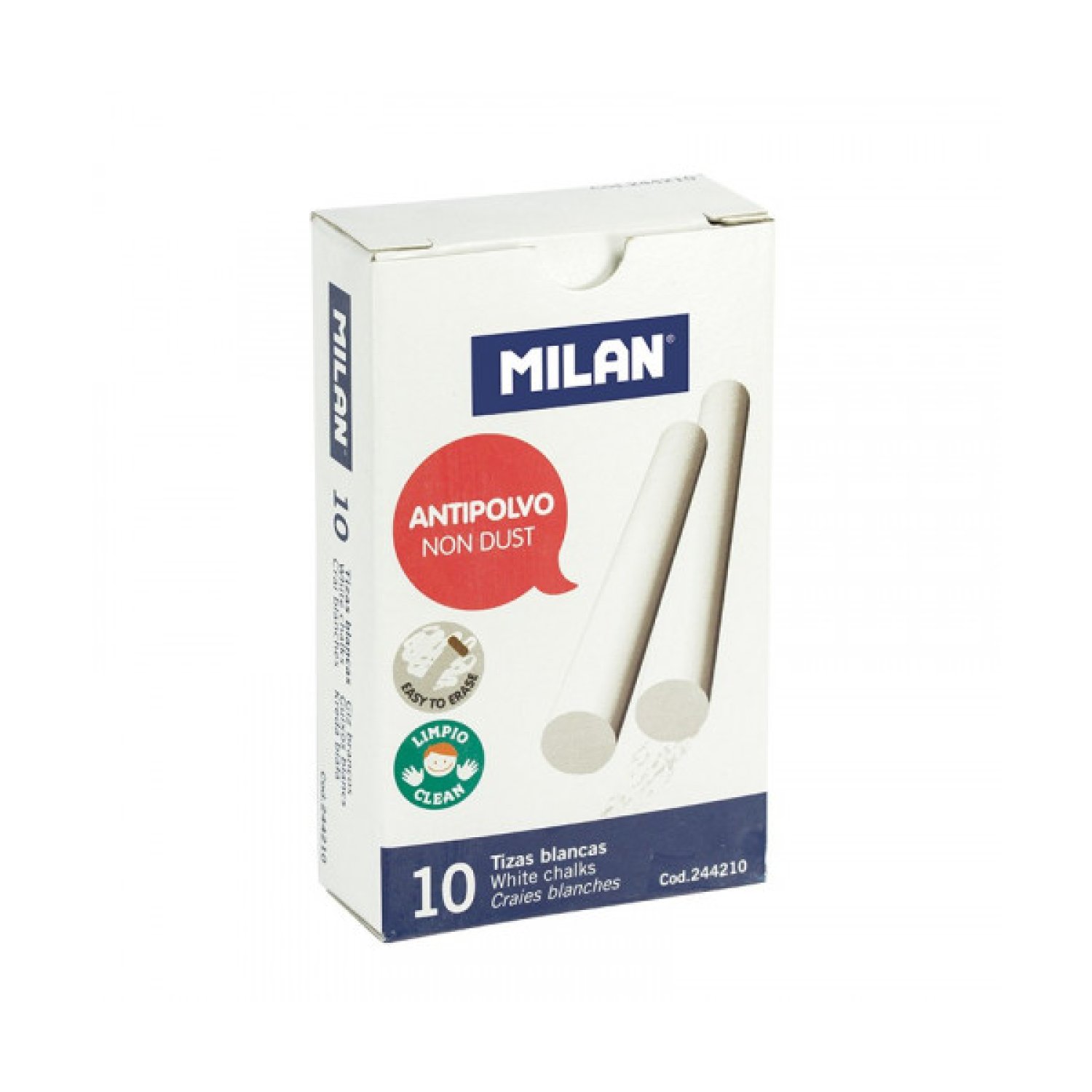Milan · Caja 10 Tizas Blancas · Carbonato de Calcio · Antipolvo · Redondas