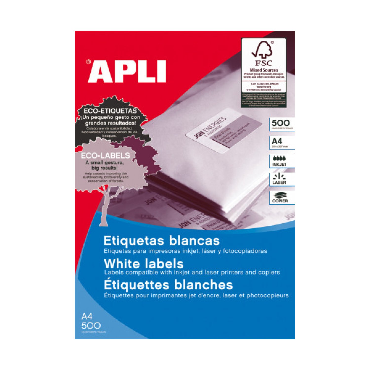 Apli · Etiquetas Blancas · 500 Hojas · 105x42,4 mm