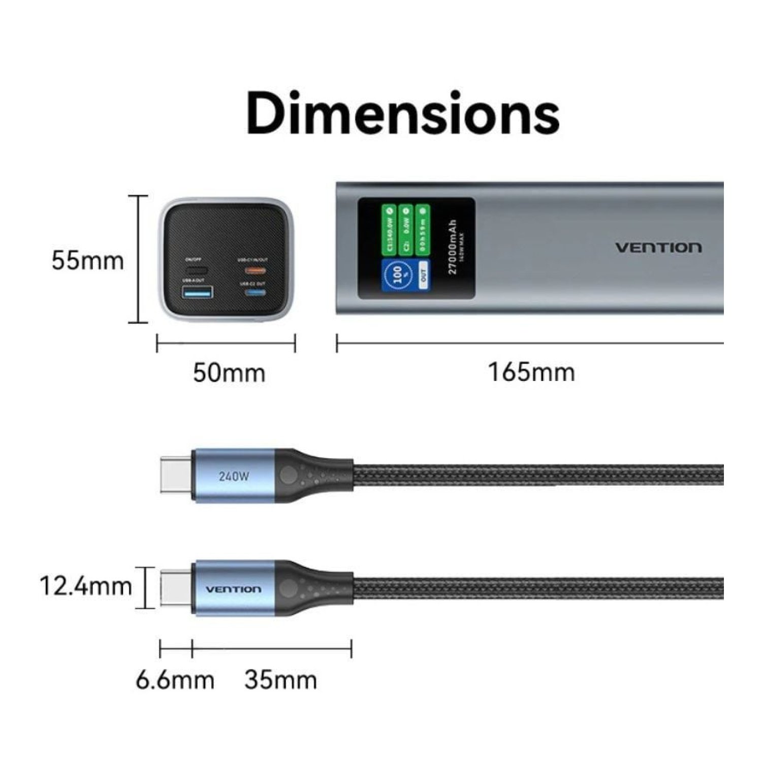 Vention Powerbank 27000mAh · 140W · Carga Rápida · Gris