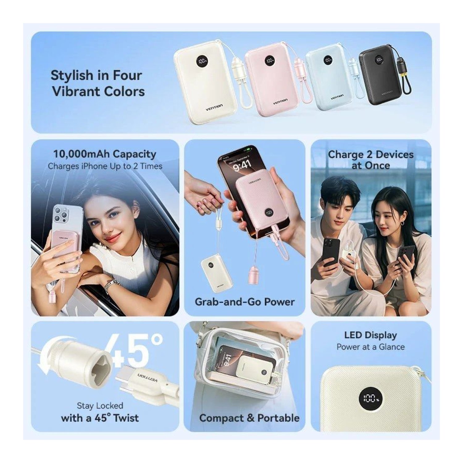 Vention Powerbank 10000mAh · 22,5W · Rosa · Cable USB-C incluido