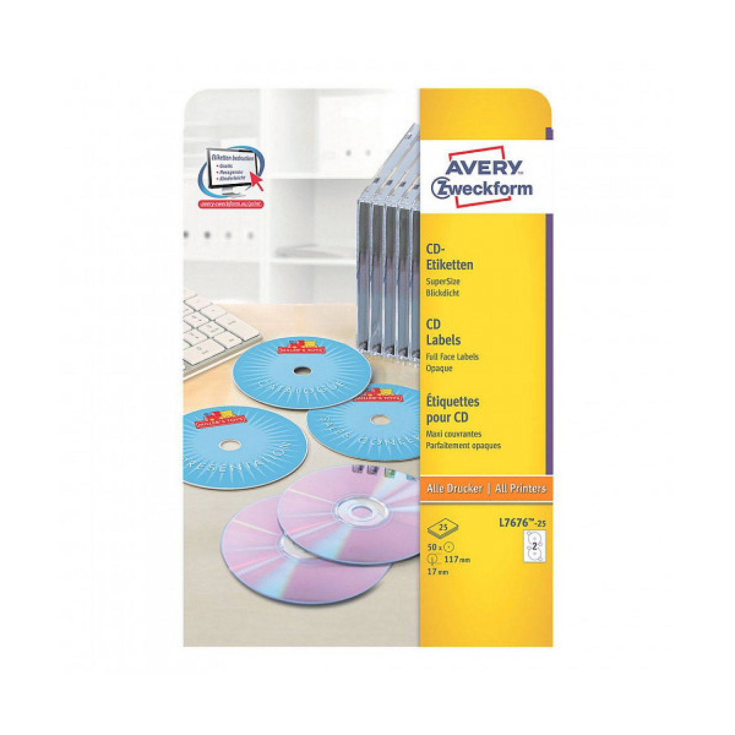 Avery L7676 · Etiquetas Láser Full-Face No Touch · 25 Hojas · Ø117 mm · Blancas
