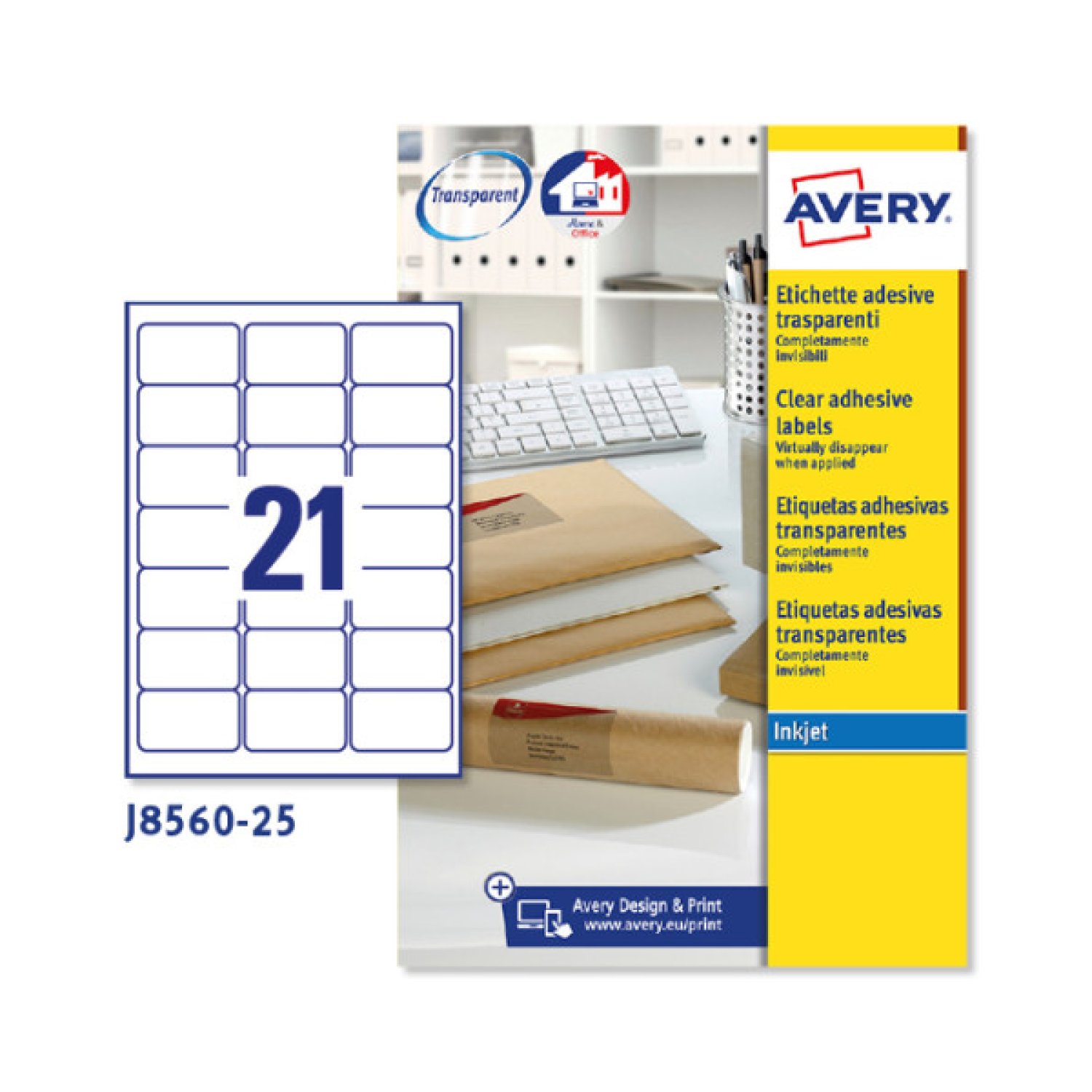 Avery J8560 · 25 Hojas Etiquetas Transparentes · 63,5x38,1 mm · Inyección Tinta