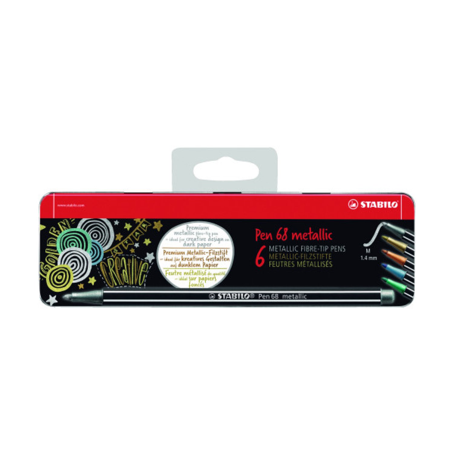 Stabilo Pen 68 · Estuche Metal 6 Colores Metálicos · Punta Media 1,4mm · Con Colgador