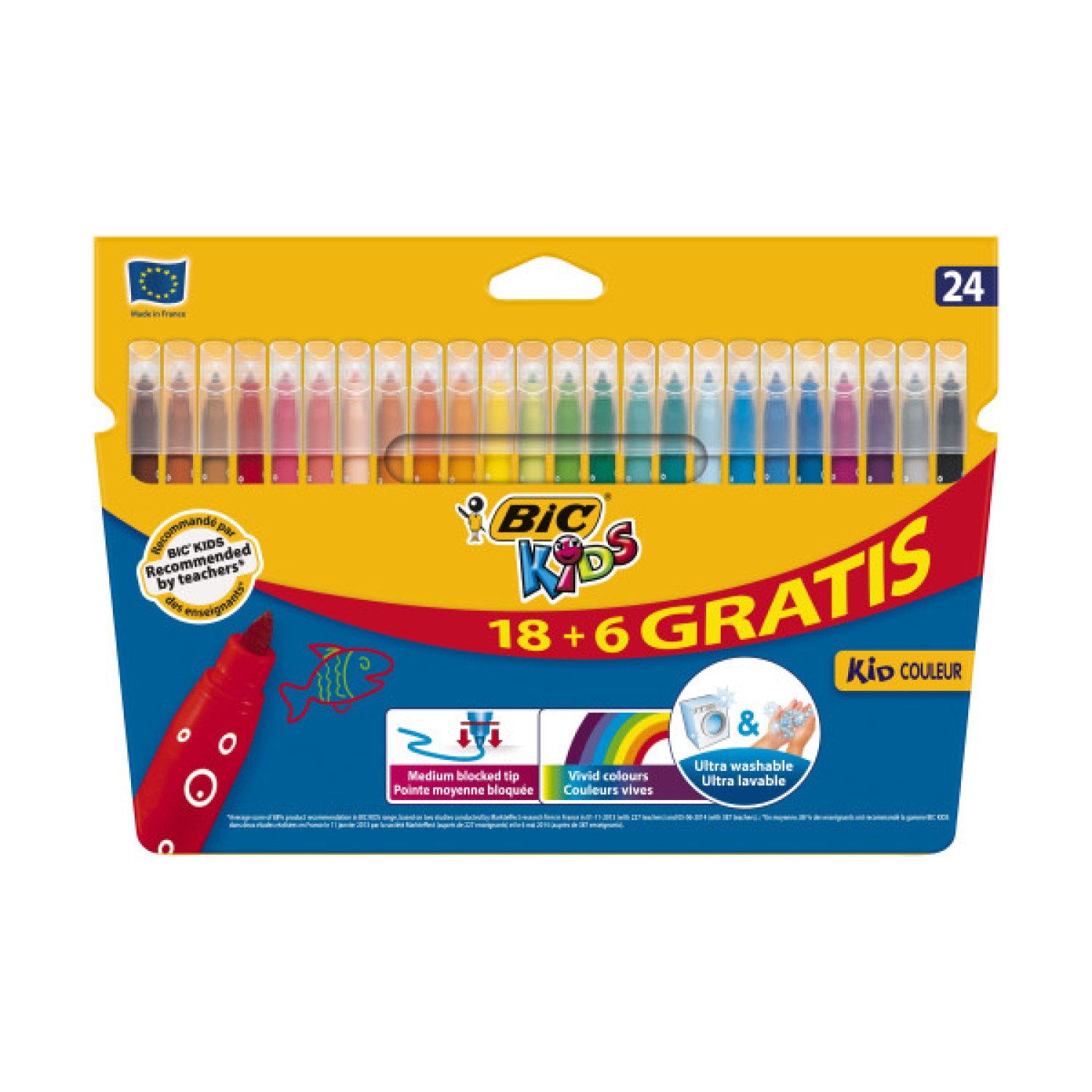 BIC Kid Couleur · Estuche 24 Rotuladores Ultralavables · Trazo 0,8mm