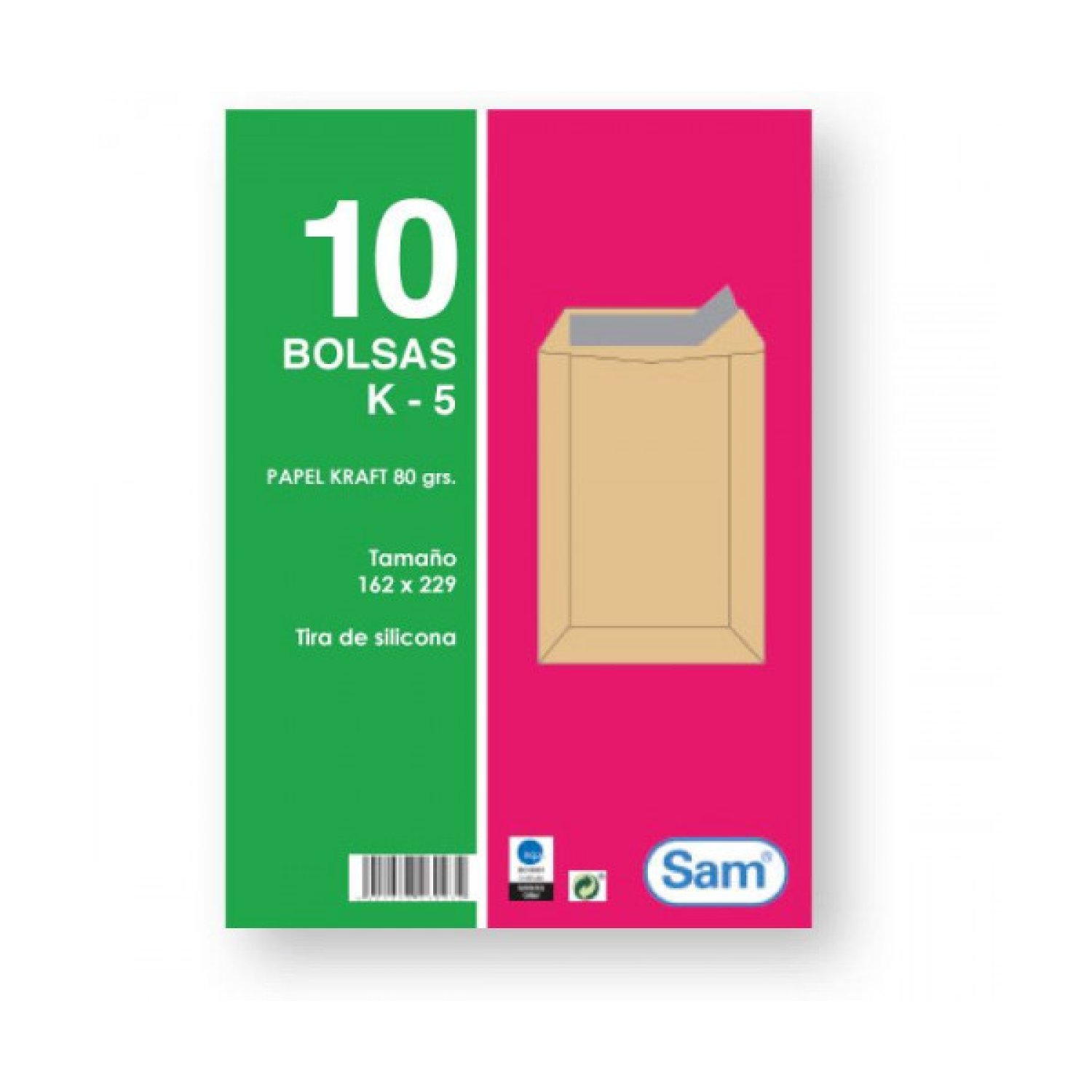 SAM · Bolsas Kraft · 10 ud · 162x229mm · Tira Silicona · 80gr