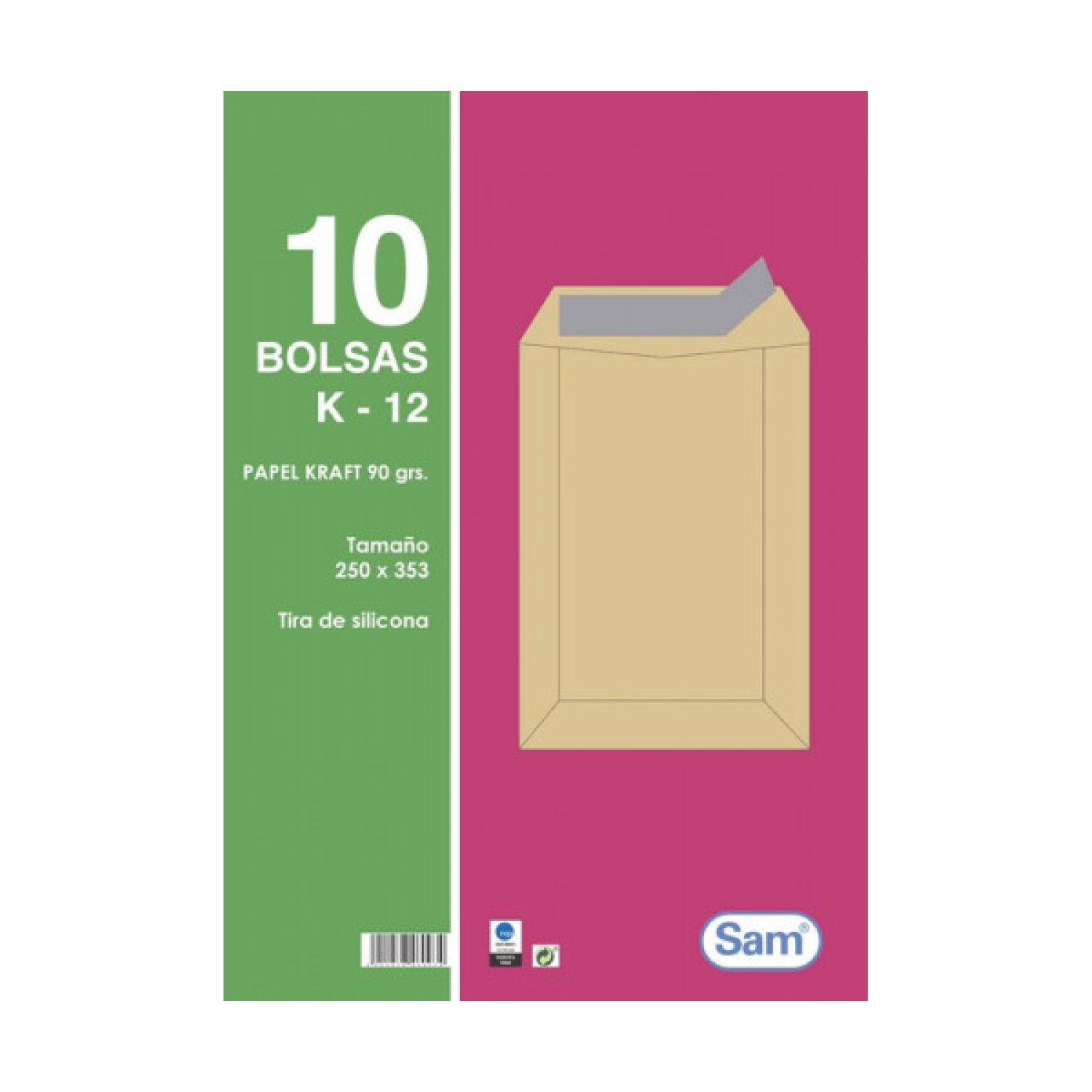 SAM · Bolsas Kraft · 250x353mm · Tira Silicona · 90gr · Pack 10ud
