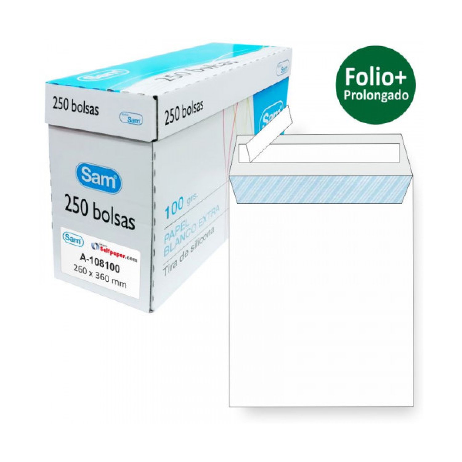 SAM · Sobres Folio Prolongado · 260x360mm · 250 ud · 100gr Offset · Autoadhesivo