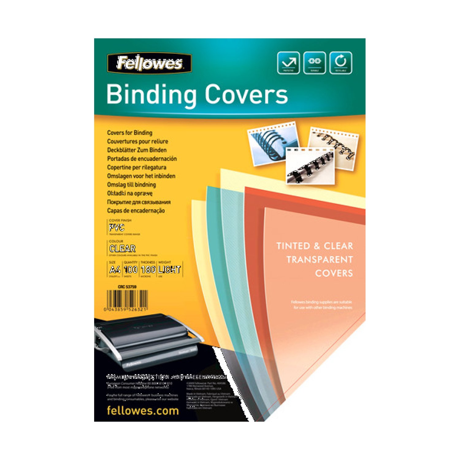 Fellowes · Pack 100 Portadas PVC Transparente · A4 · 180 Micras · Encuadernación
