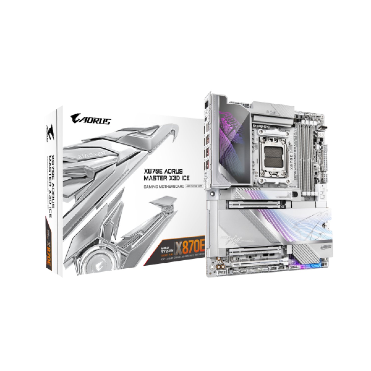 Gigabyte X870E AORUS Master X3D Ice · AM5 · 4 DDR5 · USB4 · WiFi 7 · 10G Ethernet · ATX