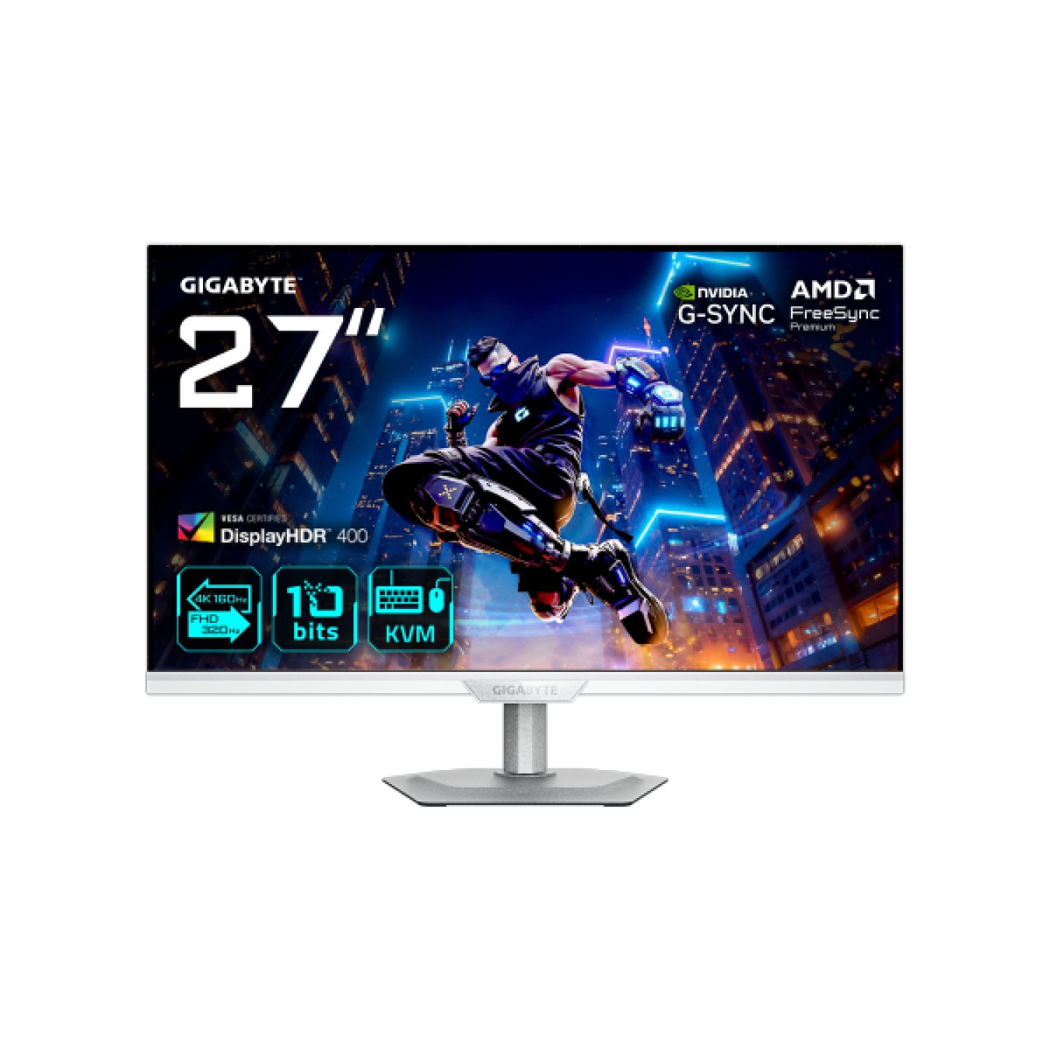 Gigabyte M27UP Ice · 27" · 4K UHD 3840x2160 · 160Hz · 1ms · USB-C + DP + HDMI · Blanco
