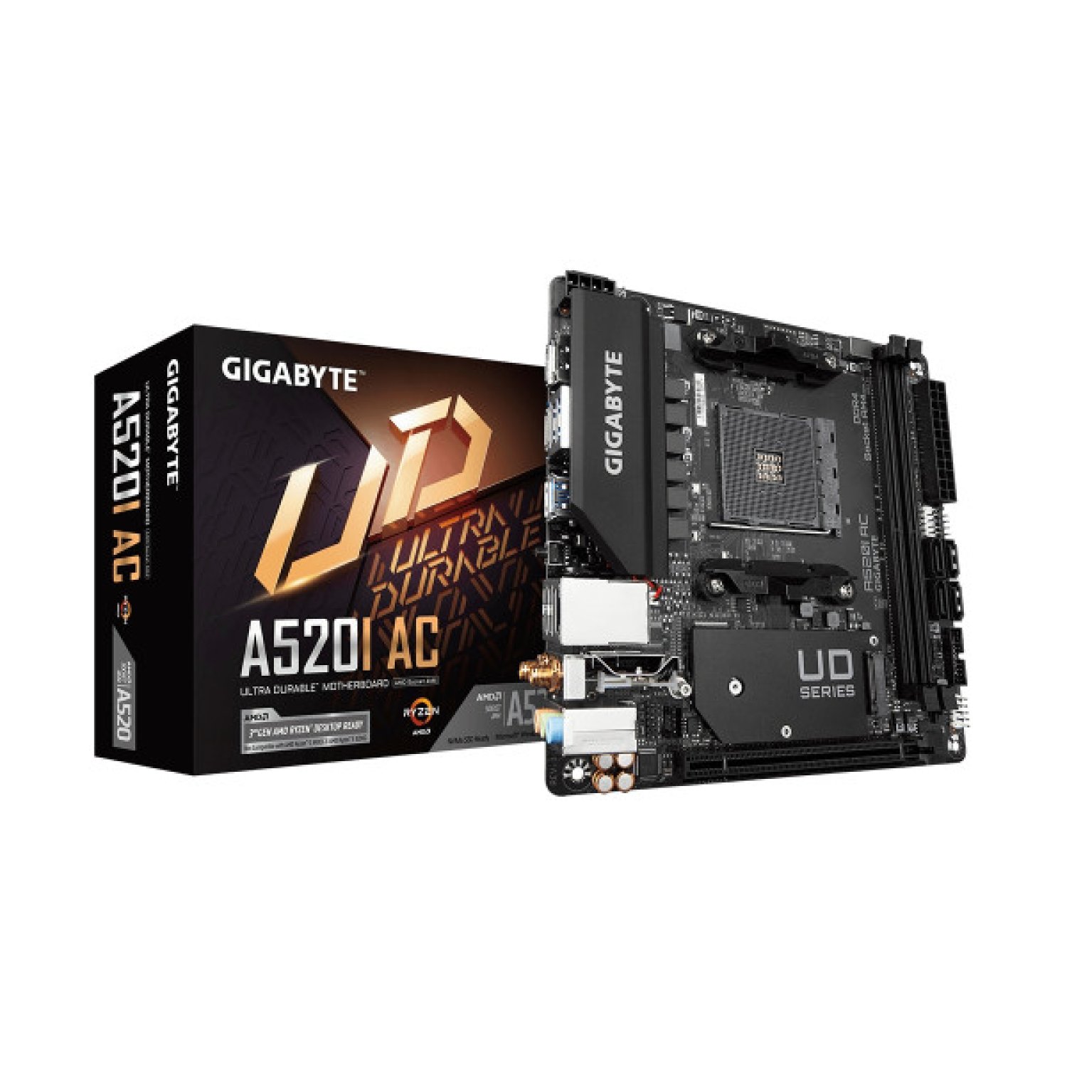Gigabyte A520I AC · Socket AM4 · 2 DDR4 · DP+HDMI · WiFi AC+BT 4.2 · Mini-ITX