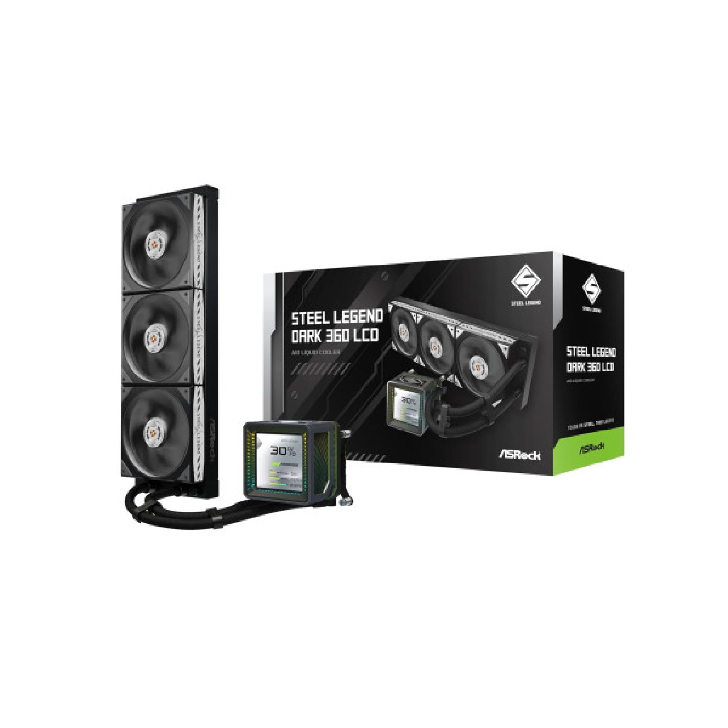 ASRock Steel Legend Dark 360 · Refrigeración Líquida · 360mm · Intel/AMD · 3x120mm ARGB · Pantalla LCD