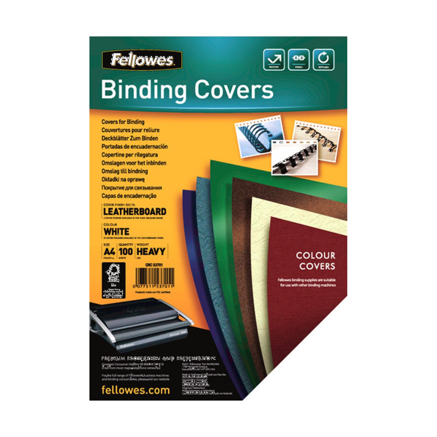 Fellowes · 100 Portadas A4 Símil Piel 250gr · Blanco