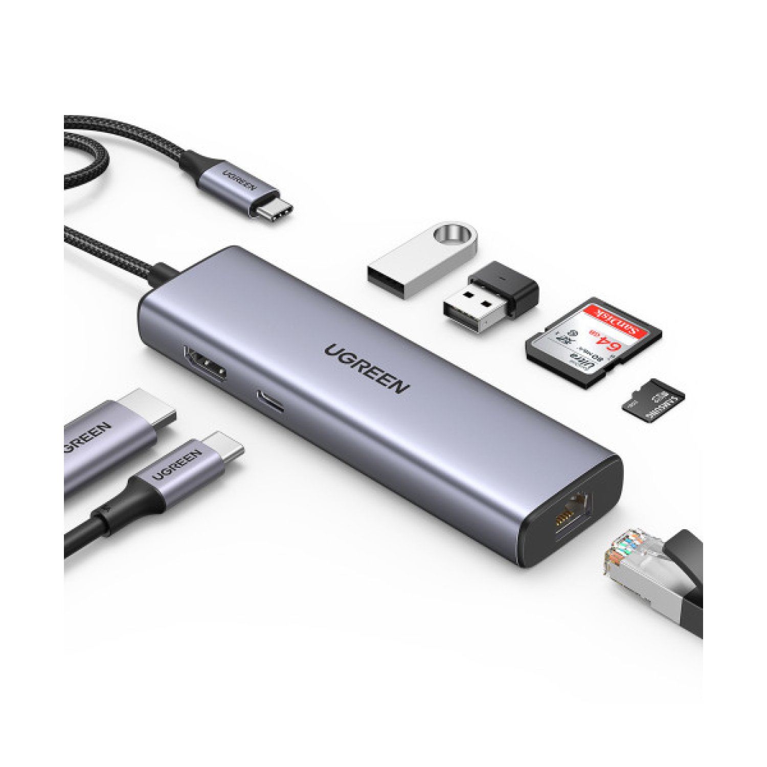 Ugreen Hub 7 en 1 · USB-C · 2xUSB 3.0 · Ethernet 1000Mbps · Lector microSD · 100W