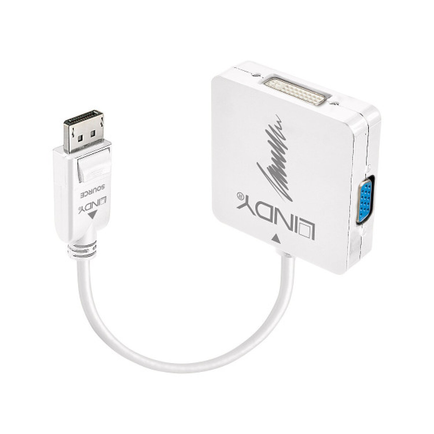 Lindy · Adaptador DisplayPort · DVI-D + VGA + HDMI · Negro