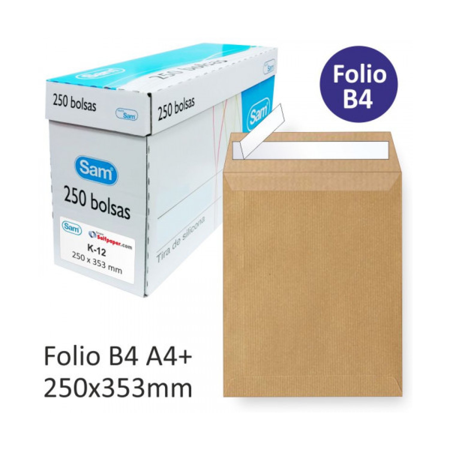SAM · Bolsas DIN B4 Kraft · 250X353mm · 90gr · Autoadhesivas con Silicona · Pack 250 unidades